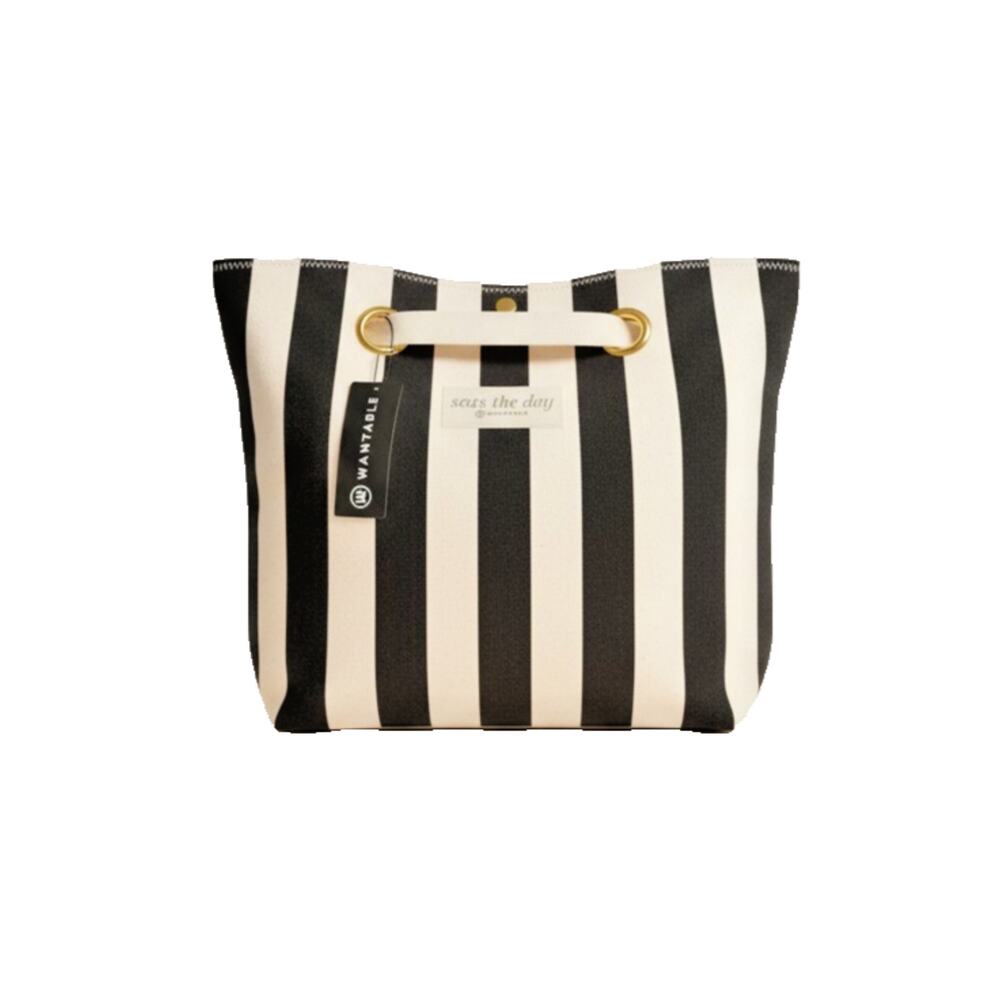 Wantable Seas The Day Large Canvas Beach Tote Bag Beige Black Stripe NWT